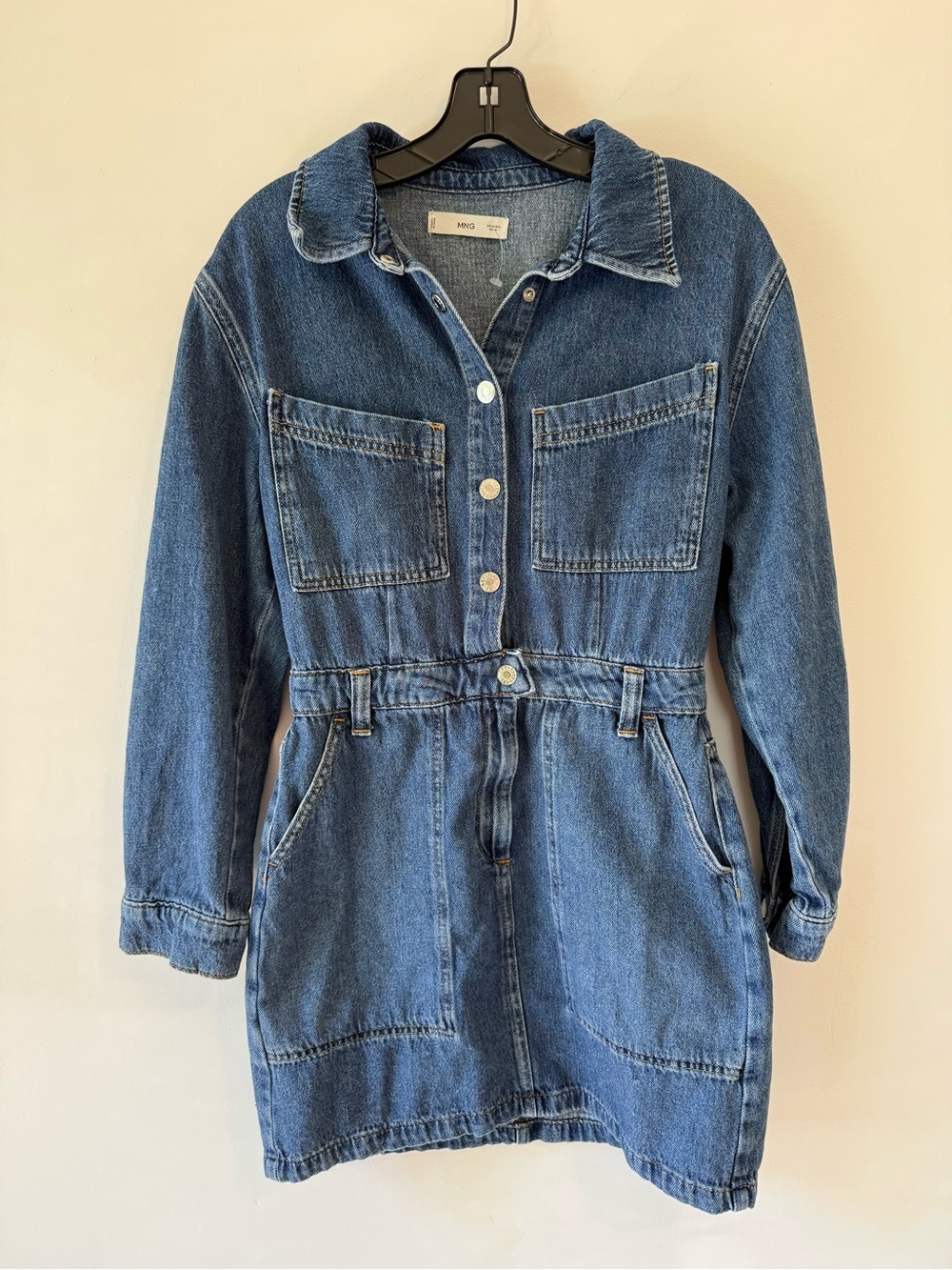 MNG Mango Denim Shirt Dress Snap Front Long Sleeve Blue Cotton Size M